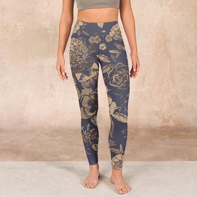 Peony Flowers Leaves Blossom Print Gym Fitness Leggings Women's Yoga Pants