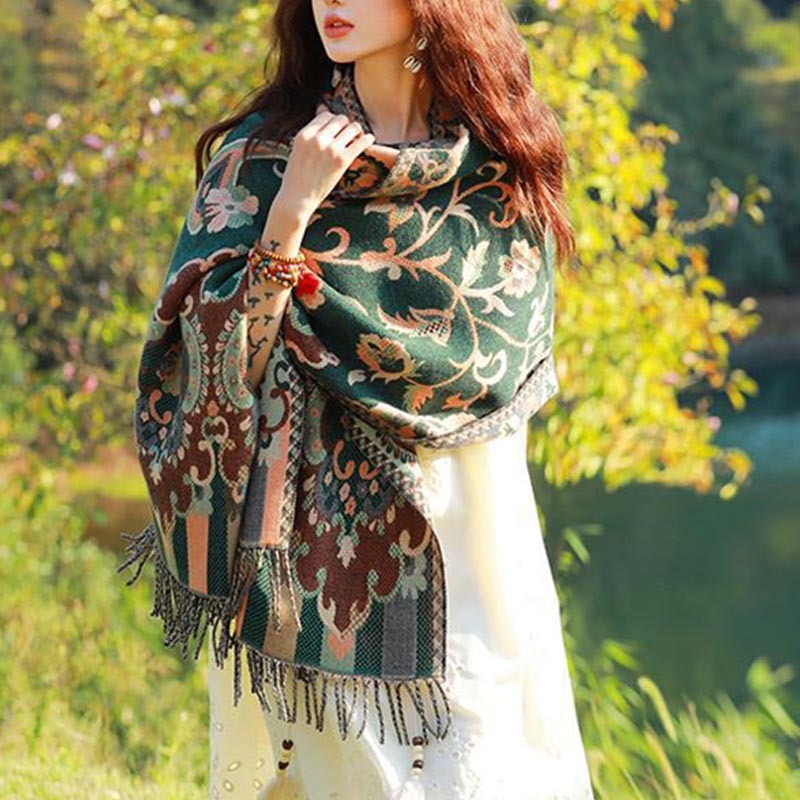 Tibetan Flowers Leaves Branch Design Tassel Shawl Cozy Travel Scarf Wrap