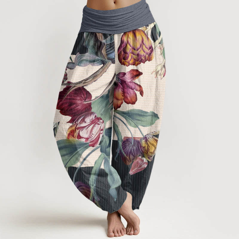 Tulips Green Leaves Design Women's Elastic Waist Harem Pants