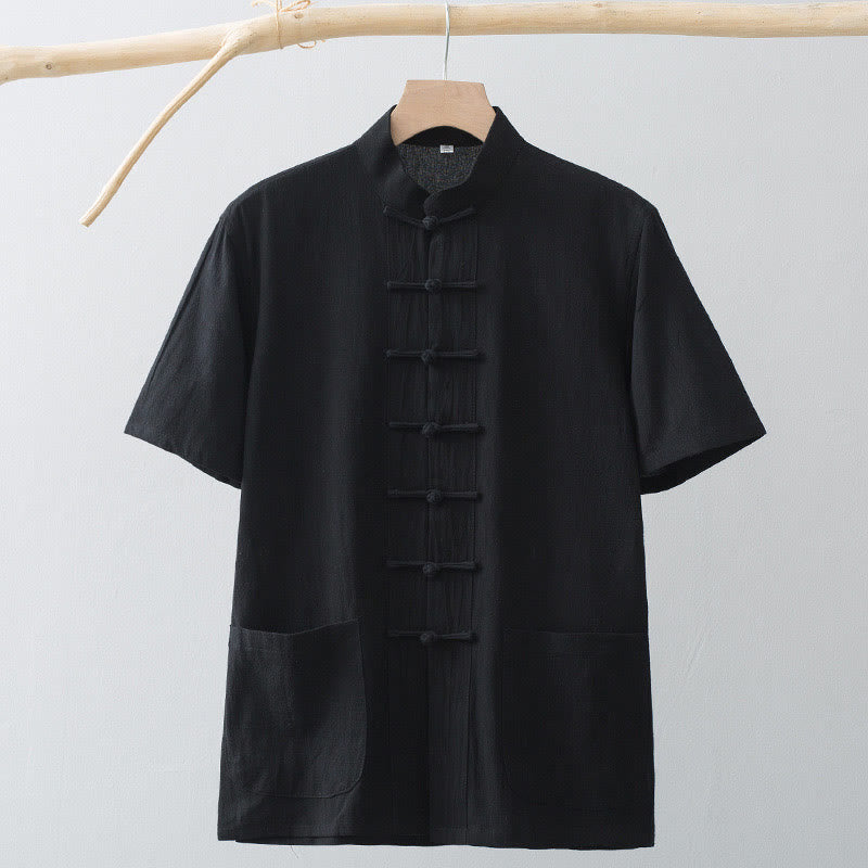 Chinese Frog-Button Tang Suit Men's Short Sleeve Shirt Cotton Linen Clothing With Pockets