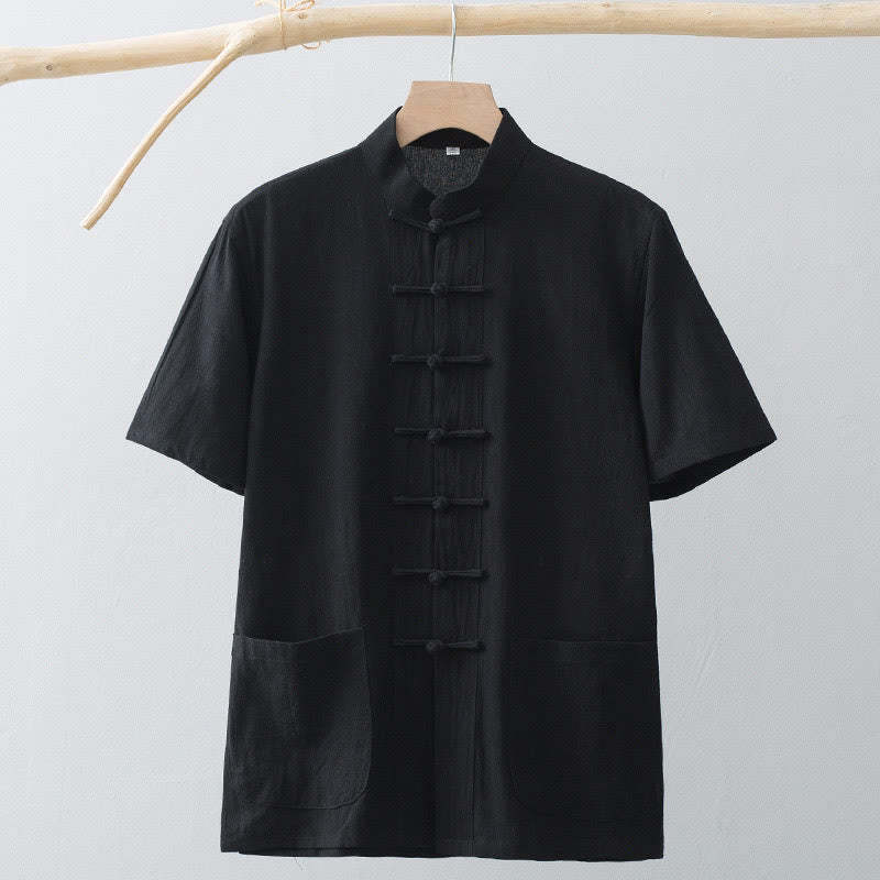 Chinese Frog-Button Tang Suit Men's Short Sleeve Shirt Cotton Linen Clothing With Pockets