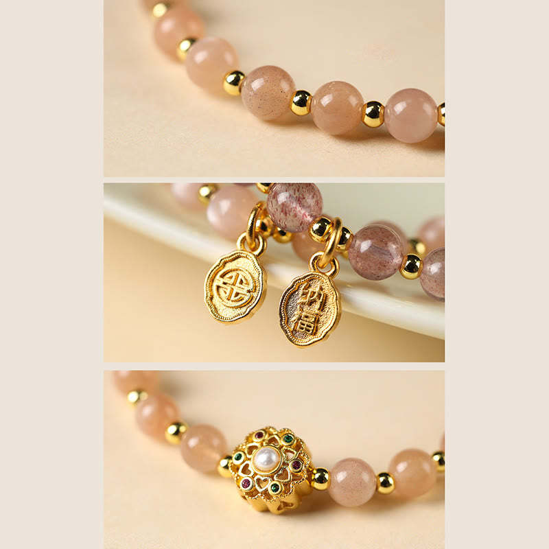 14K Gold Plated Natural Strawberry Quartz Labradorite Sun Stone Fu Character Positive Charm Bracelet
