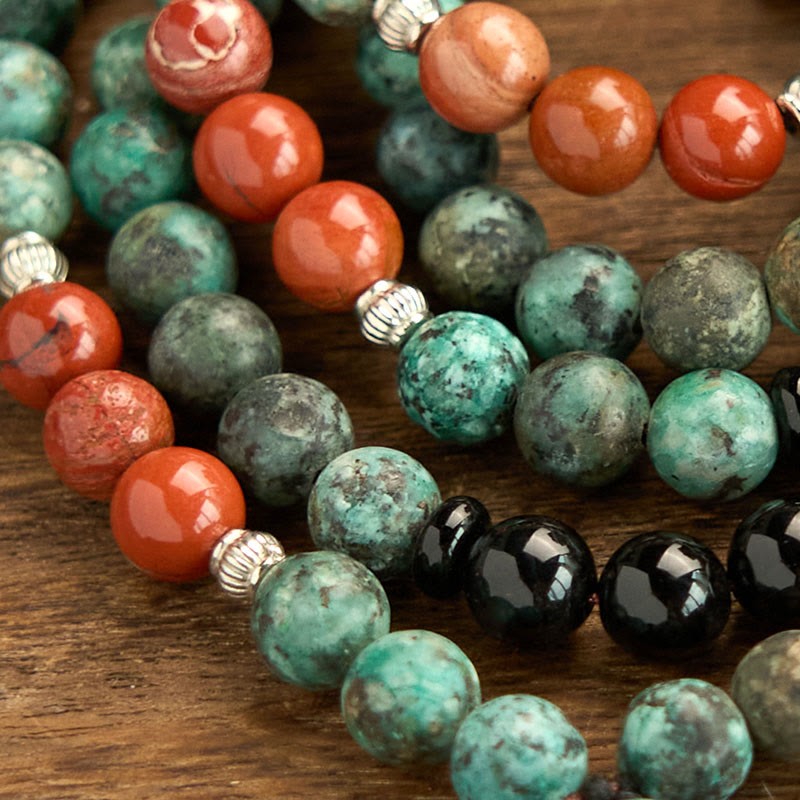 108 Mala Natural Black Onyx Red Jasper Turquoise Beads mystic zen Head Tassel Protection Bracelet