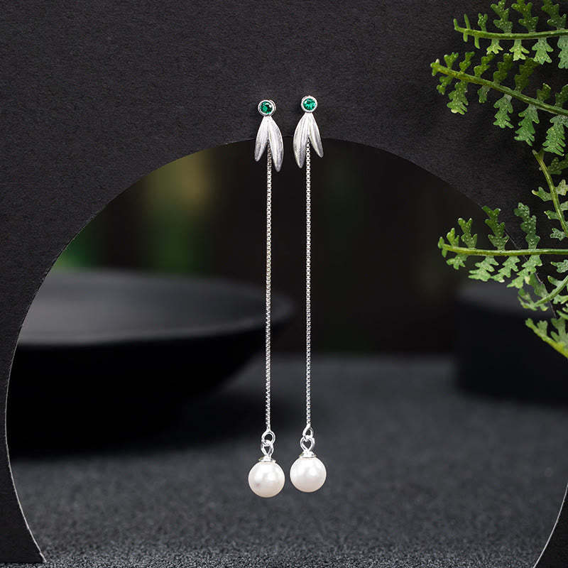 925 Sterling Silver Zircon Pearl Bamboo Leaves Protection Drop Earrings
