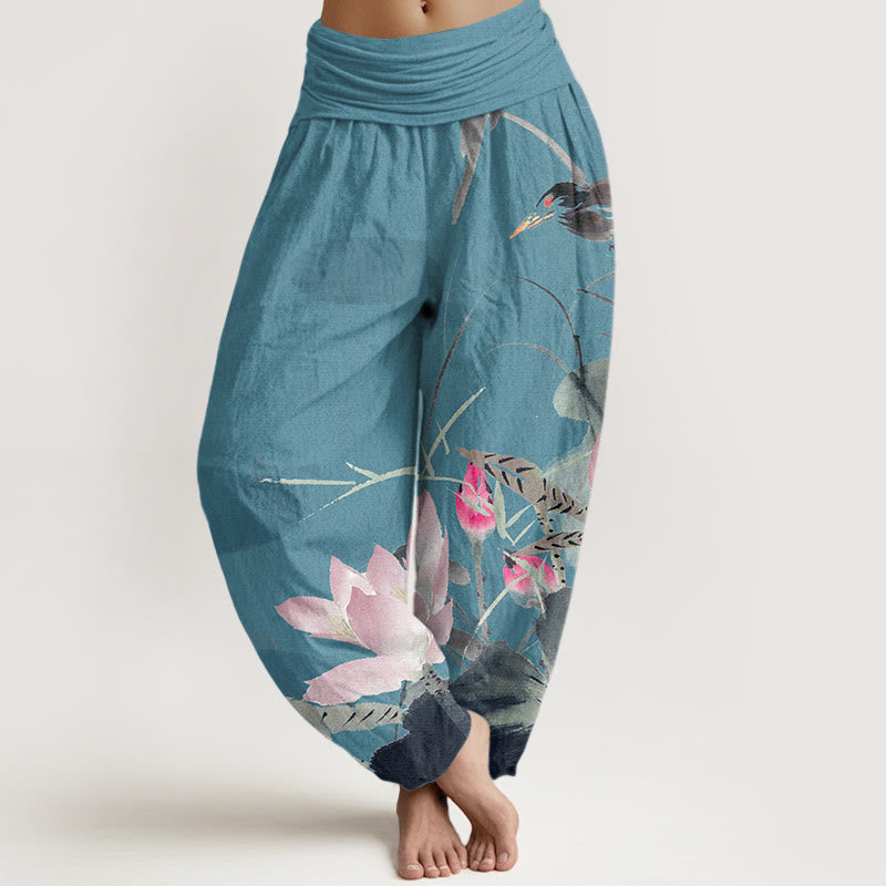 Pink Lotus Leaves Bird Pattern Women's Elastic Waist Harem Pants