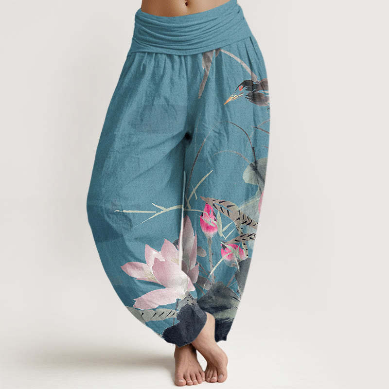 Pink Lotus Leaves Bird Pattern Women's Elastic Waist Harem Pants