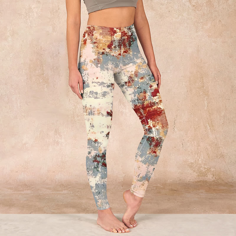 Beige Red Grey Abstract Design Print Exercise Leggings Women's Yoga Pants