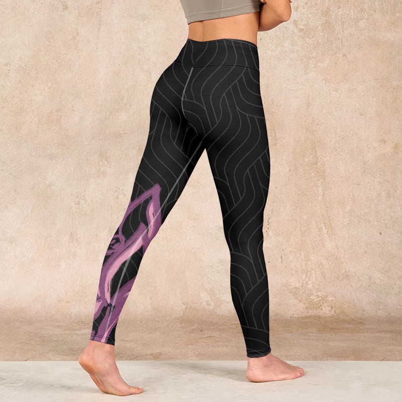 Black Pink Lotus Flower Print Gym Leggings Women's Yoga Pants