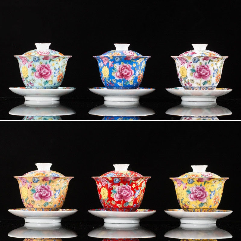 Peony Flowers Ceramic Gaiwan Sancai Teacup Kung Fu Tea Cup And Saucer With Lid