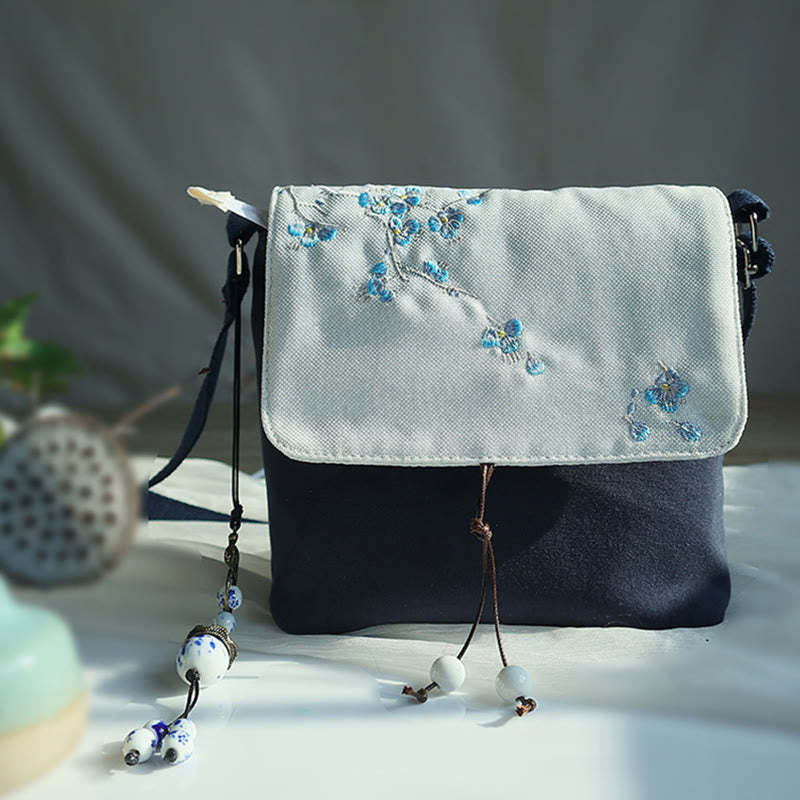Handmade Embroidered Plum Flowers Canvas Crossbody Bag Shoulder Bag Handbag