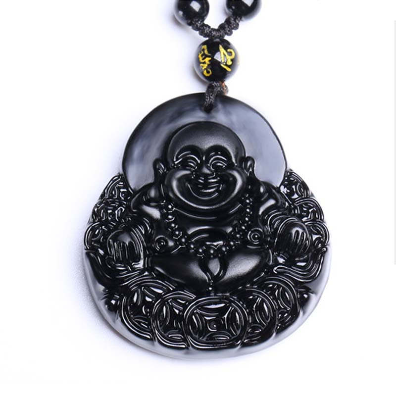 Laughing mystic zen Black Obsidian Strength Protection Pendant Necklace