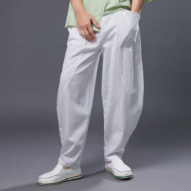 Solid Color Cotton Ramie Linen Men's Elastic Waist Harem Pants With Pockets