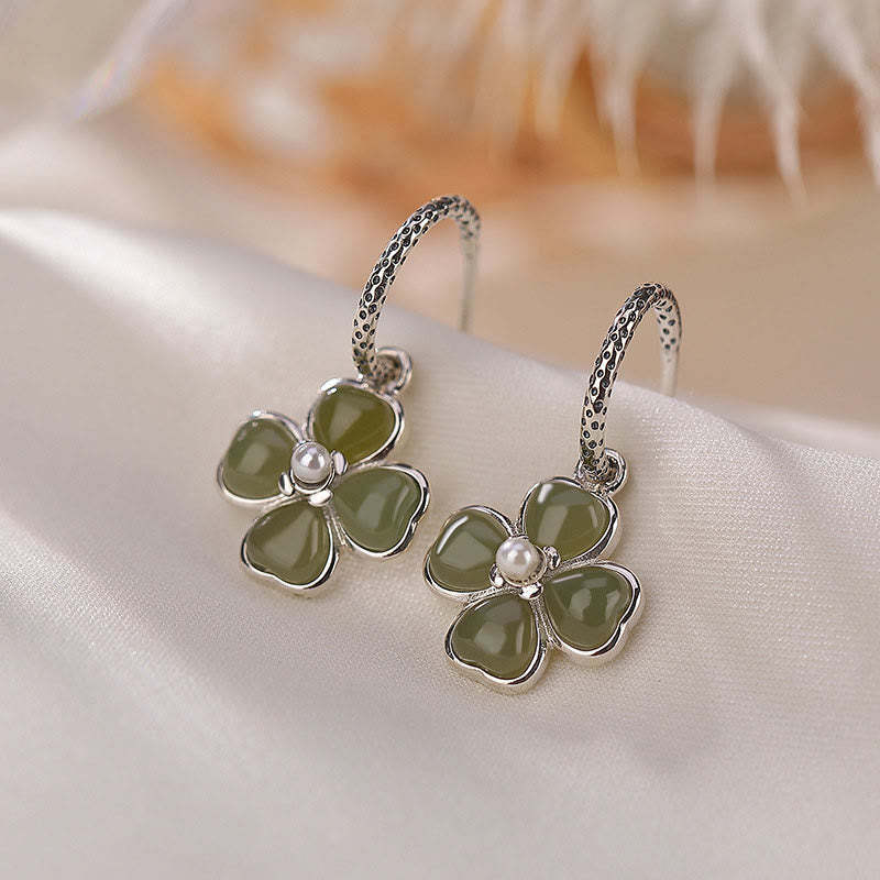925 Sterling Silver Natural Cyan Jade Four Leaf Clover Luck Success Earrings