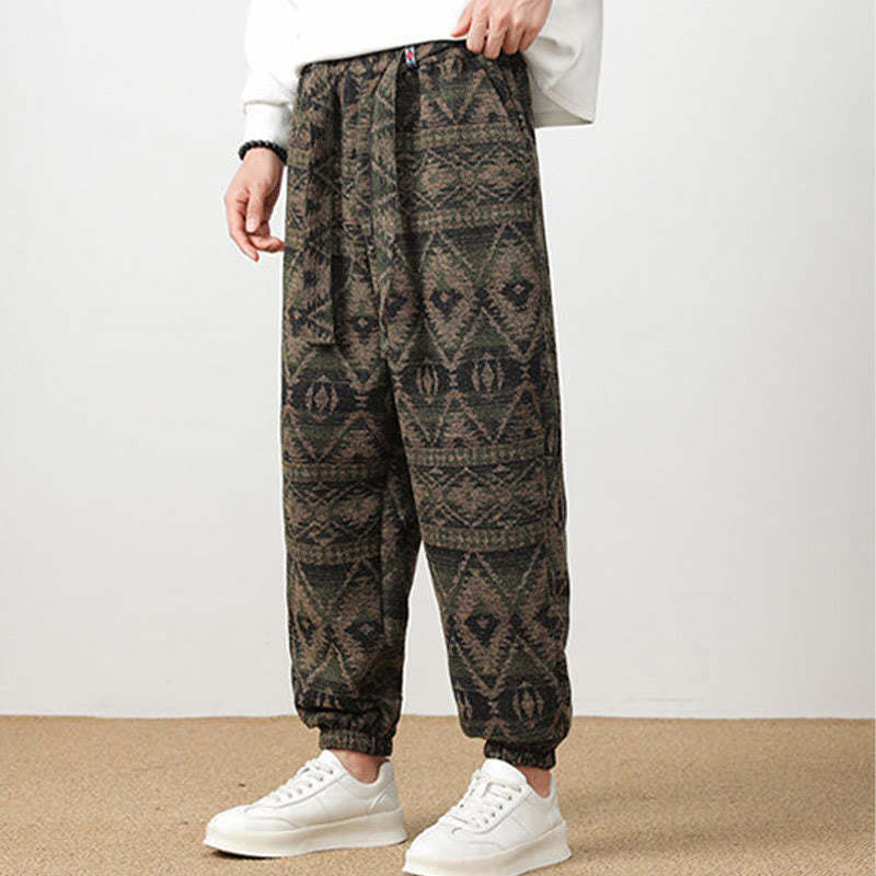 Ethnic Jacquard Knitting Drawstring Men's Pants With Pockets