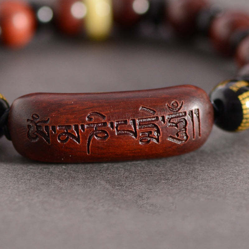 Small Leaf Red Sandalwood Om Mani Padme Hum Engraved Protection Bracelet