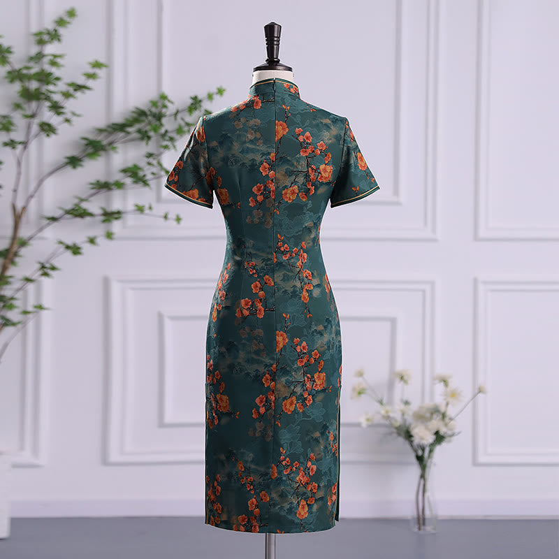 Retro Flower Lotus Peony Feather Print Qipao Dress Women's Cheongsam Dress