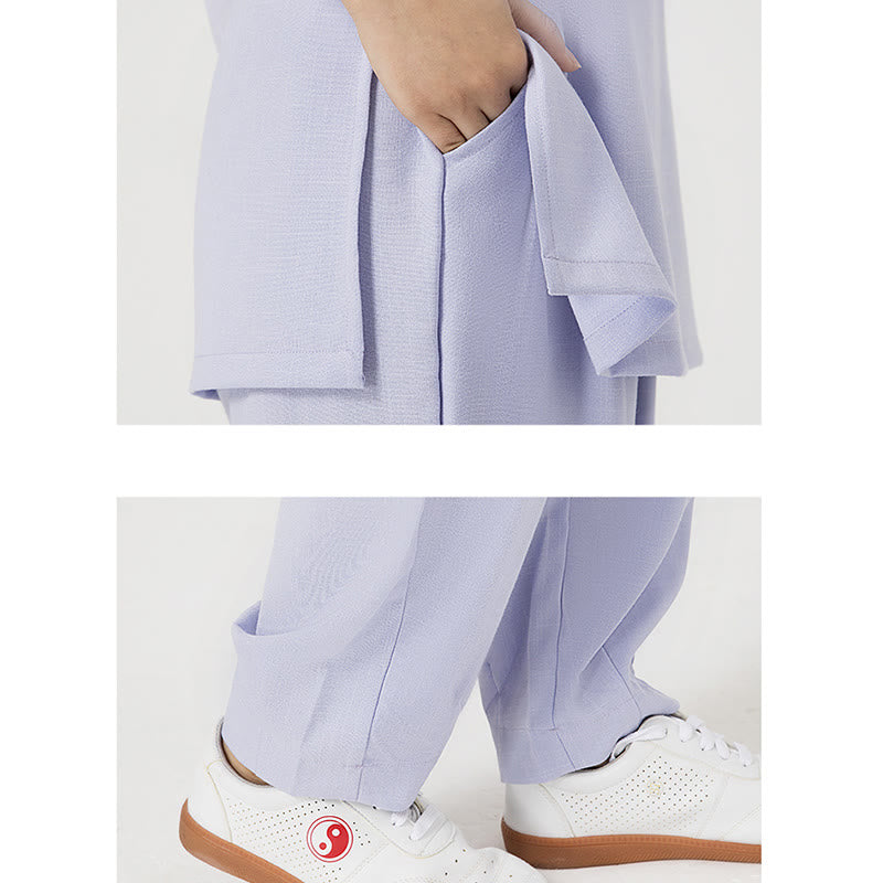 2Pcs Solid Color Three Quarter Shirt Top Pants Meditation Zen Tai Chi Cotton Linen Clothing Women's Set