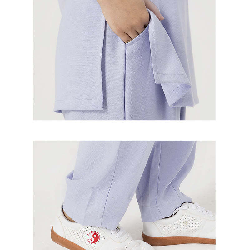 2Pcs Solid Color Three Quarter Shirt Top Pants Meditation Zen Tai Chi Cotton Linen Clothing Women's Set