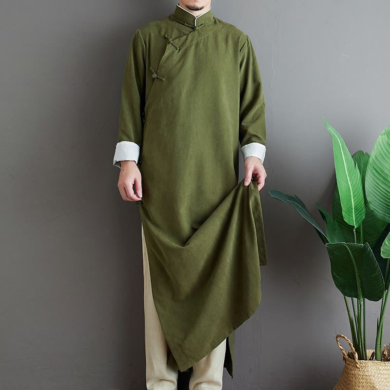 Fall Solid Color Chinese Frog-Button Cotton Men's Tang Suit Robe
