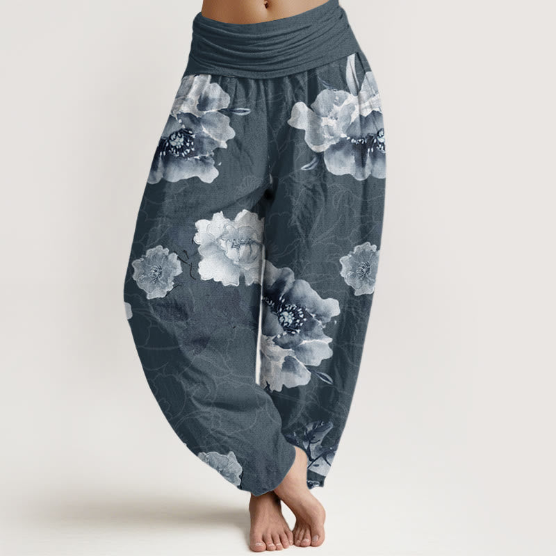 Folwers With Leaves Pattern Women's Elastic Waist Harem Pants