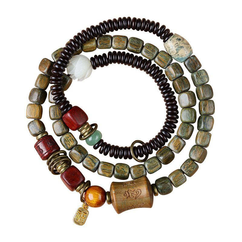 Green Sandalwood Ebony Om Mani Padme Hum Engraved Peace Triple Wrap Bracelet