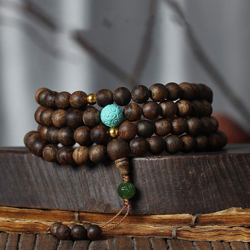 108 Mala Beads Nha Trang Agarwood Turquoise Prayer Meditation Bracelet Mala