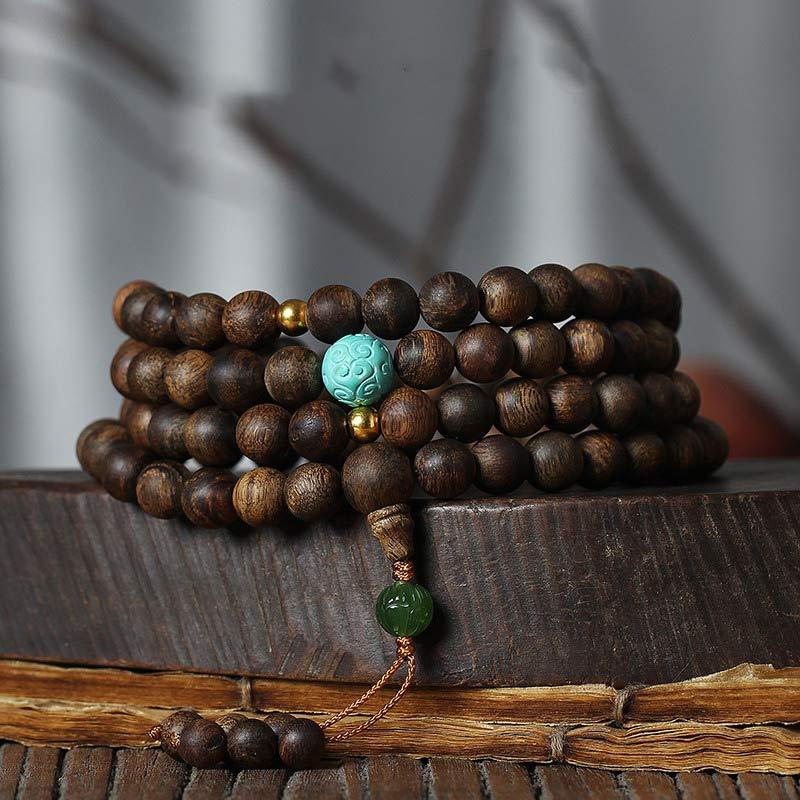 108 Mala Beads Nha Trang Agarwood Turquoise Prayer Meditation Bracelet Mala