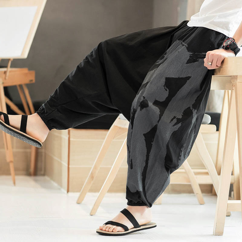 Simple Summer Calligraphy Cotton Men's Harem Pants With Pockets
