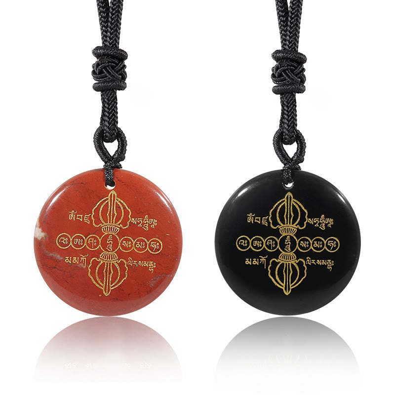 Vajra Dorje Sanskrit Pattern Natural Various Crystal Black Obsidian Fulfilment Necklace Pendant
