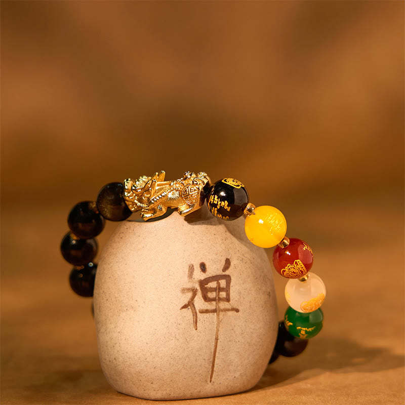 Natural Gold Sheen Obsidian PiXiu Five Directions Gods of Wealth Protection Bracelet