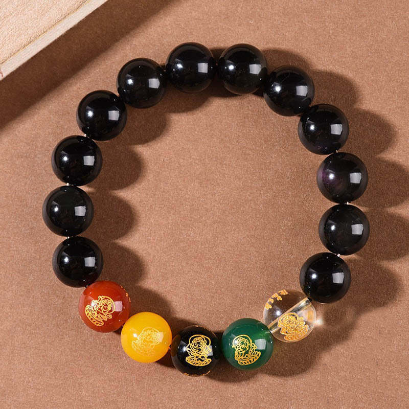 Gold Sheen Obsidian Rainbow Obsidian Black Obsidian Five Directions Gods of Wealth Bracelet