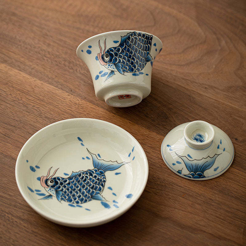 Koi Fish Arowana Ceramic Gaiwan Sancai Teacup Kung Fu Tea Cup With Lid 130ml