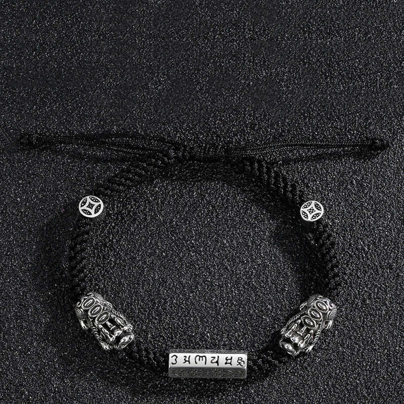 Double PiXiu Feng Shui Copper Coin Om Mani Padme Hum String Bracelet