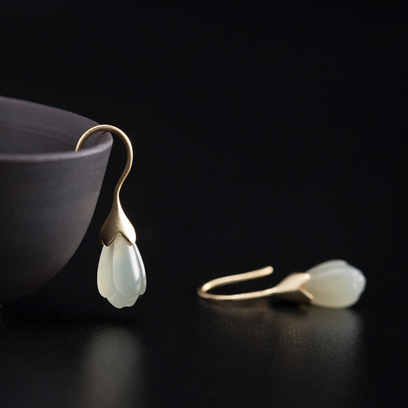 925 Sterling Silver Hetian Jade Magnolia Abundance Drop Earrings