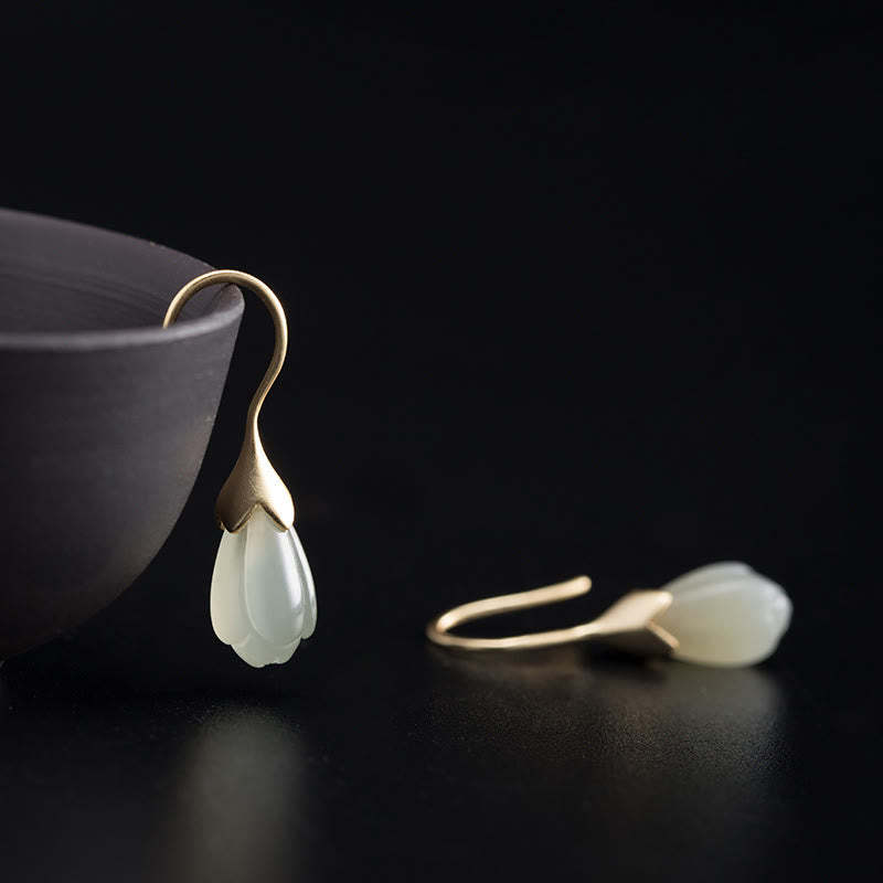 925 Sterling Silver Hetian Jade Magnolia Abundance Drop Earrings