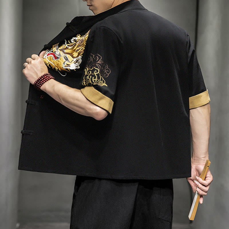 Frog-Button Chinese Dragon Auspicious Cloud Embroidery Half Sleeve Shirt Cotton Linen Men Clothing
