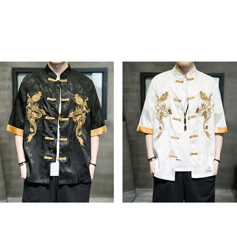 Frog-Button Chinese Dragon Embroidery Half Sleeve Shirt Linen Men Clothing