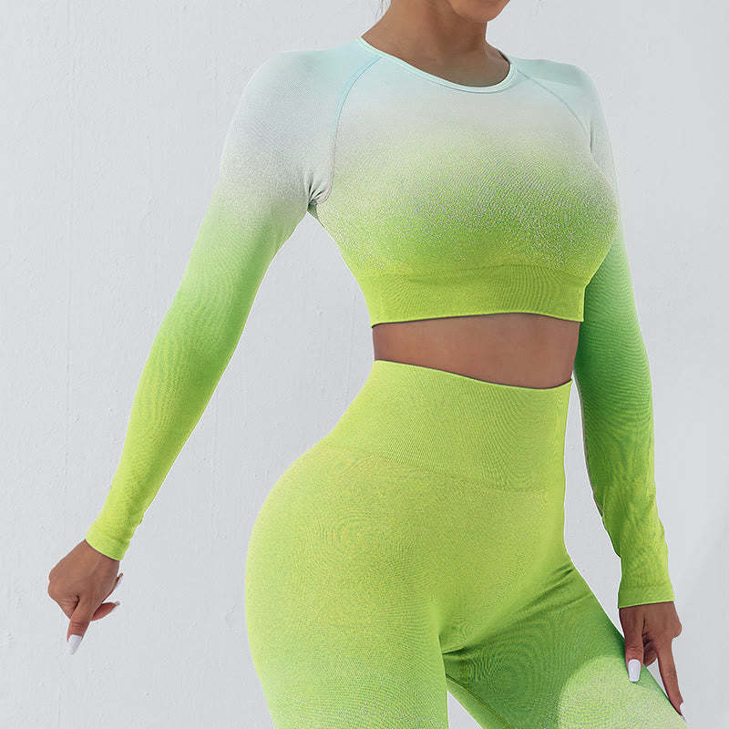 Gradient Long Sleeve Crop Top Tee Bra Leggings Pants Fitness Yoga Outfit