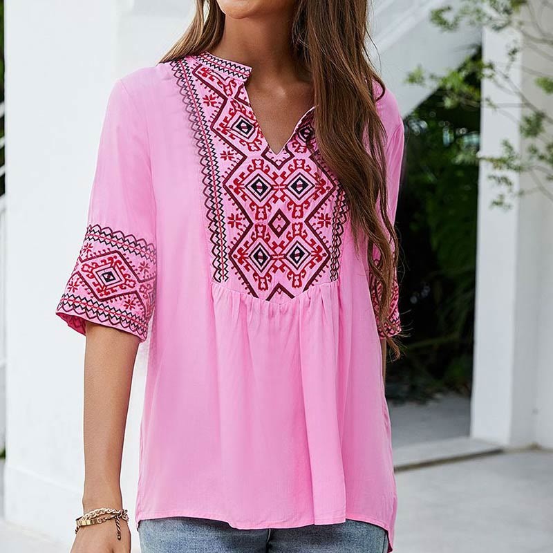 Summer Boho Embroidery Floral Pattern Half Sleeve V-neck Cotton Women's T-Shirt