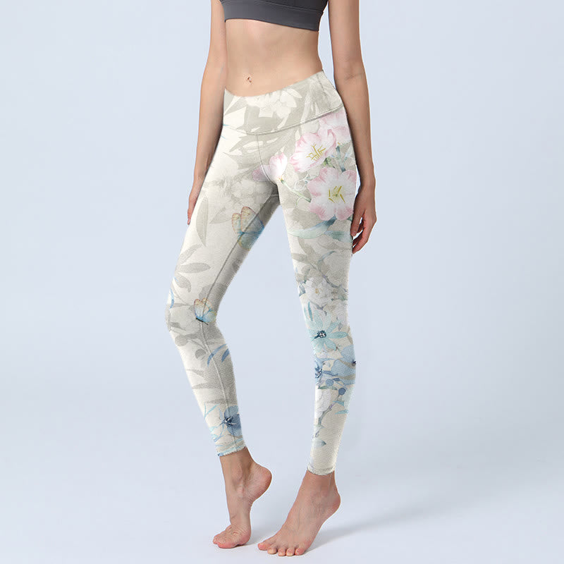 Cherry Blossom Butterflies Print Gym Leggings Women's Yoga Pants