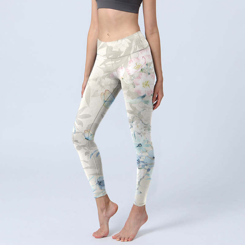 Cherry Blossom Butterflies Print Gym Leggings Women's Yoga Pants