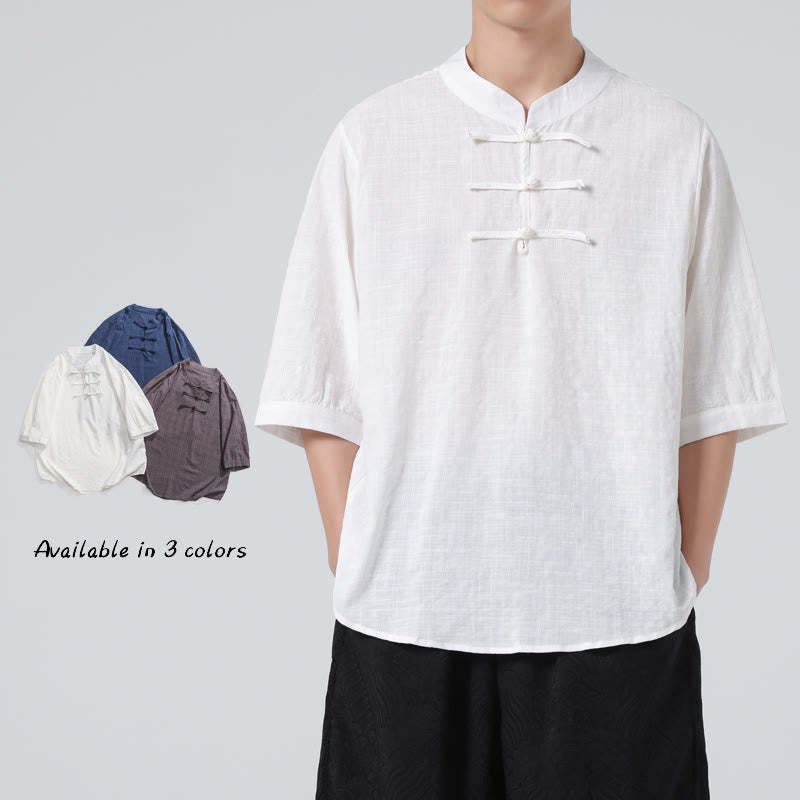 Frog-Button Plaid Pattern Chinese Tang Suit Half Sleeve Shirt Cotton Linen Men Clothing