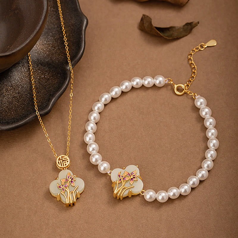 925 Sterling Silver Hetian Jade Orchid Four Leaf Clover Fu Character Pearl Luck Necklace Pendant Bracelet Set