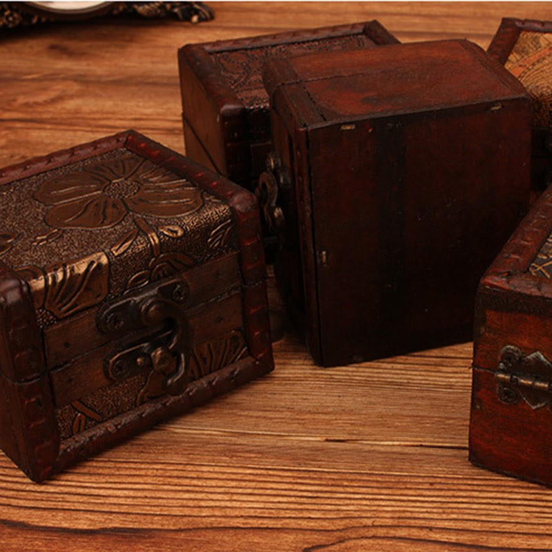Retro Small Square Wood Jewelry Box Lotus Grass Flower Grape Copper Coin Daffodil Jewelry Storage Box