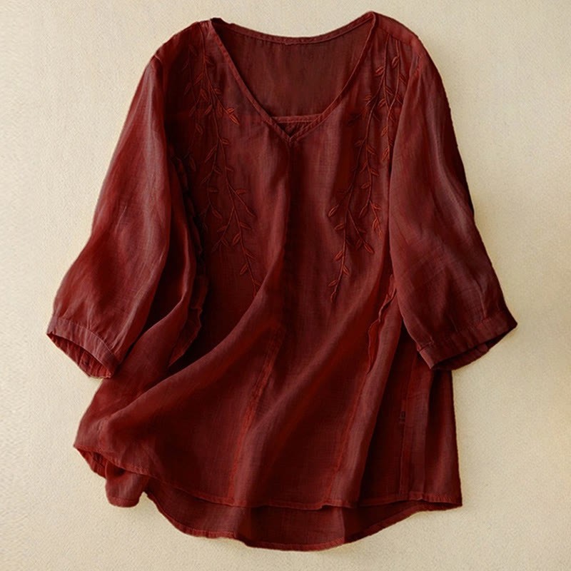 Casual Plain Embroidery Willow Leaf Half Sleeve V-neck Women's Shirt