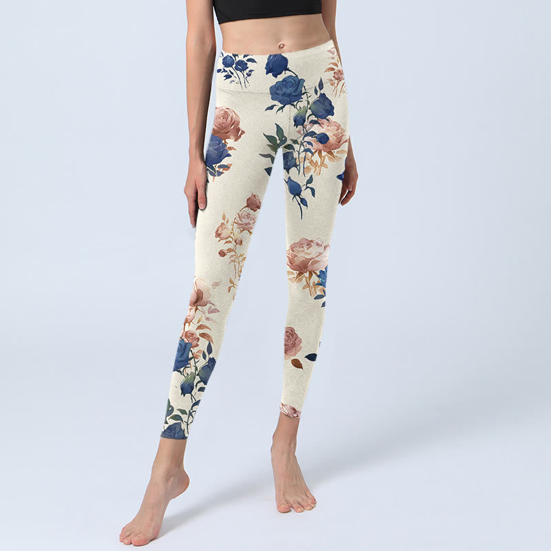 Red Blue Rose Leaf Print Gym Leggings Women's Yoga Pants