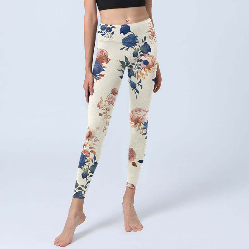 Red Blue Rose Leaf Print Gym Leggings Women's Yoga Pants
