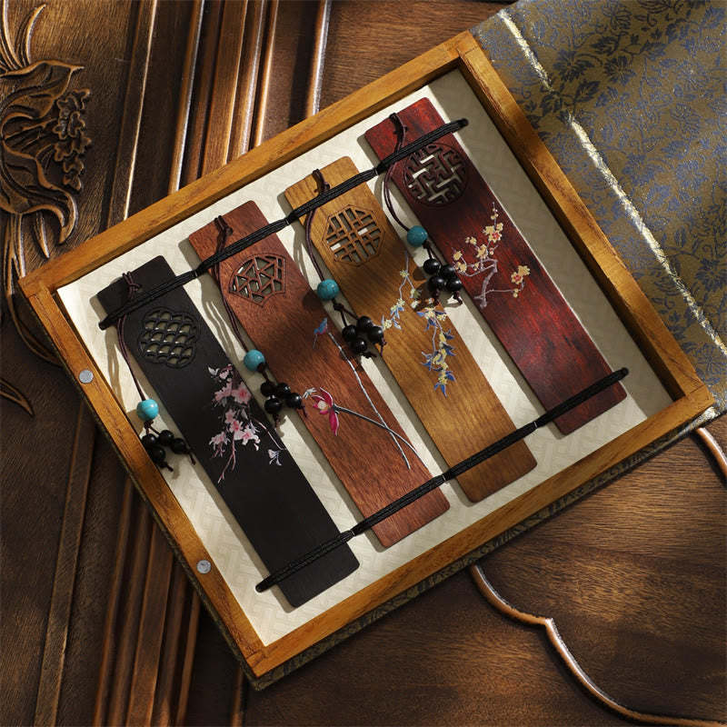 4Pcs Four Seasons Plum Orchid Bamboo Chrysanthemum Peking Opera Mask Wood Bookmarks With Gift Box