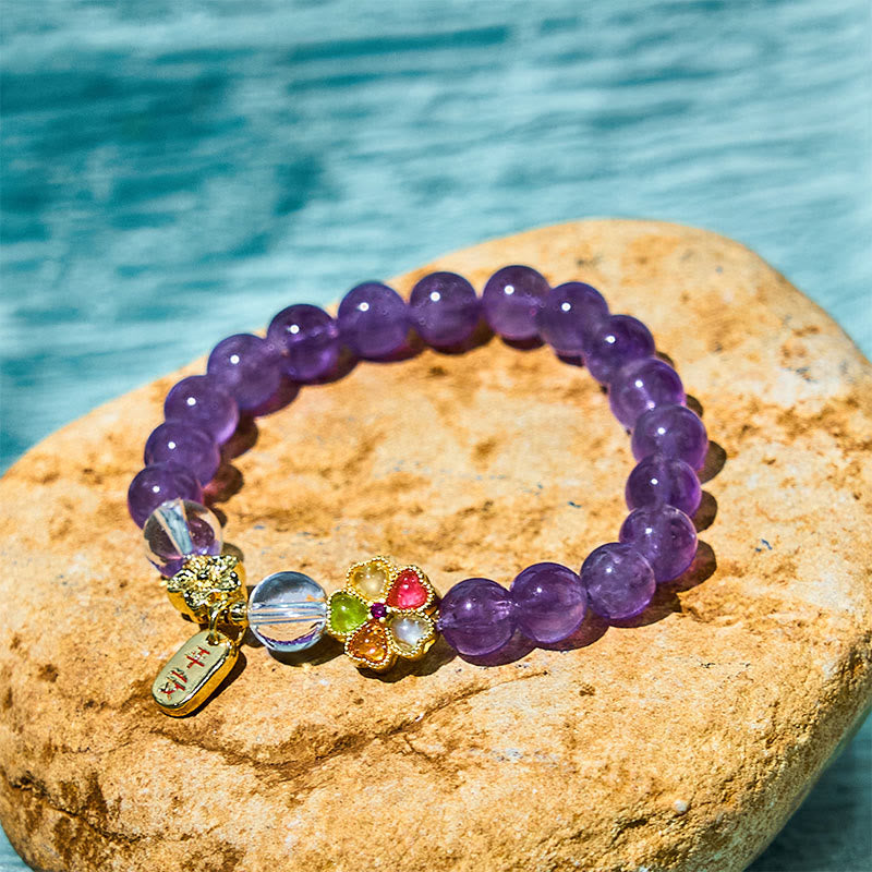 Natural Amethyst White Crystal Flower Healing Safe And Well Charm Bracelet