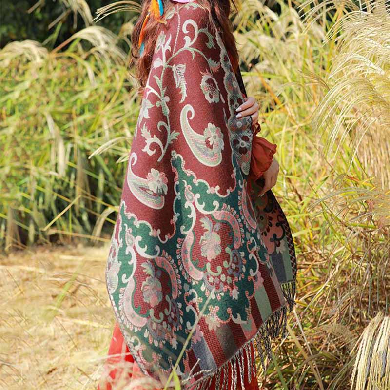Tibetan Flowers Leaves Branch Design Tassel Shawl Cozy Travel Scarf Wrap